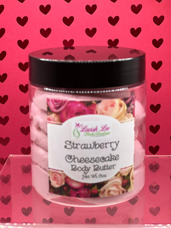 whipped body butter strawberry cheesecake, handmade, handcrafted all-natural body butter, silky body butter, light and fluffy body butter, nourishing body butter, moisturizing whipped strawberry body butter, non-greasy strawberry body butter.