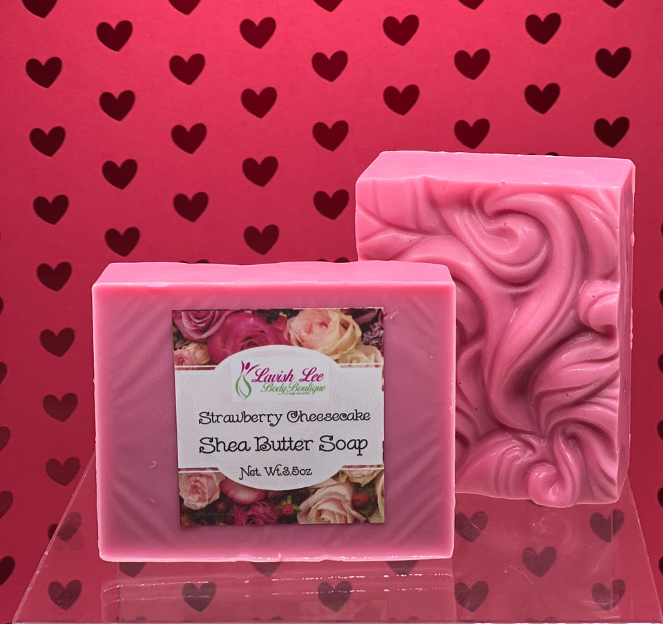 strawberry shea butter soap, handmade whipped shea butter soap, all-natural shea butter soap, rich lather strawberry cheesecake soap, foamy lather strawberry lather, handmade fresh shea butter strawberry soap
